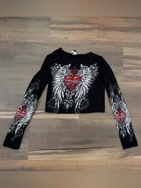 Y2K Cropped Long Sleeve Embellished Angel Winged Heart Top Size Small